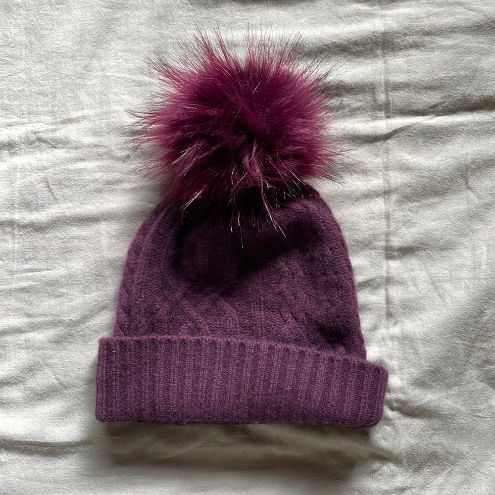 Halogen Violet Cashmere Beanie with Poof